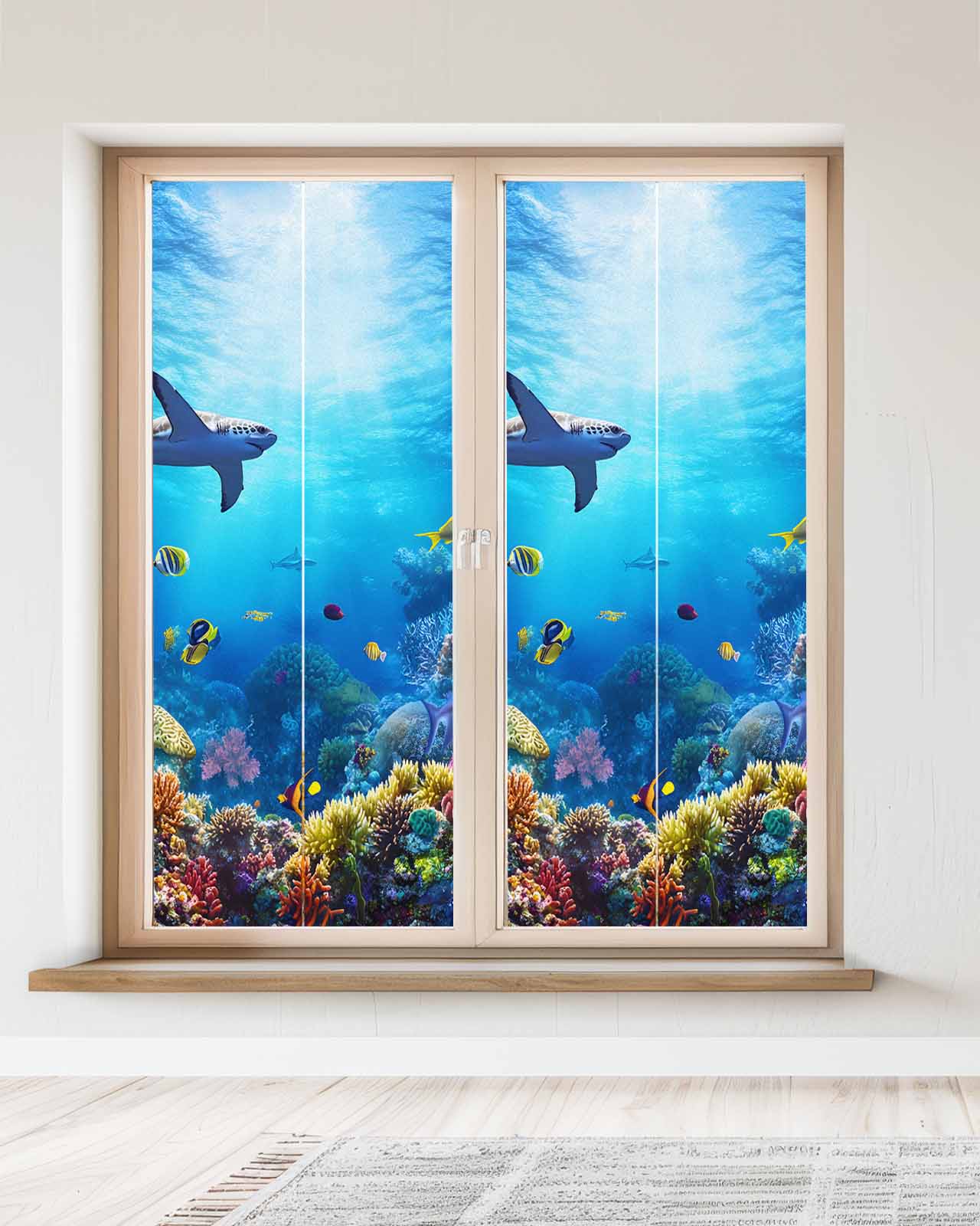 Window Privacy Film Shark Stained Glass Window Film Decorative Sun Block Window Cover Blue Ocean Underwater Animal Coral Tropical Fish Window Clings Static Adhesive Sticker for Bathroom 23.6"x59"
