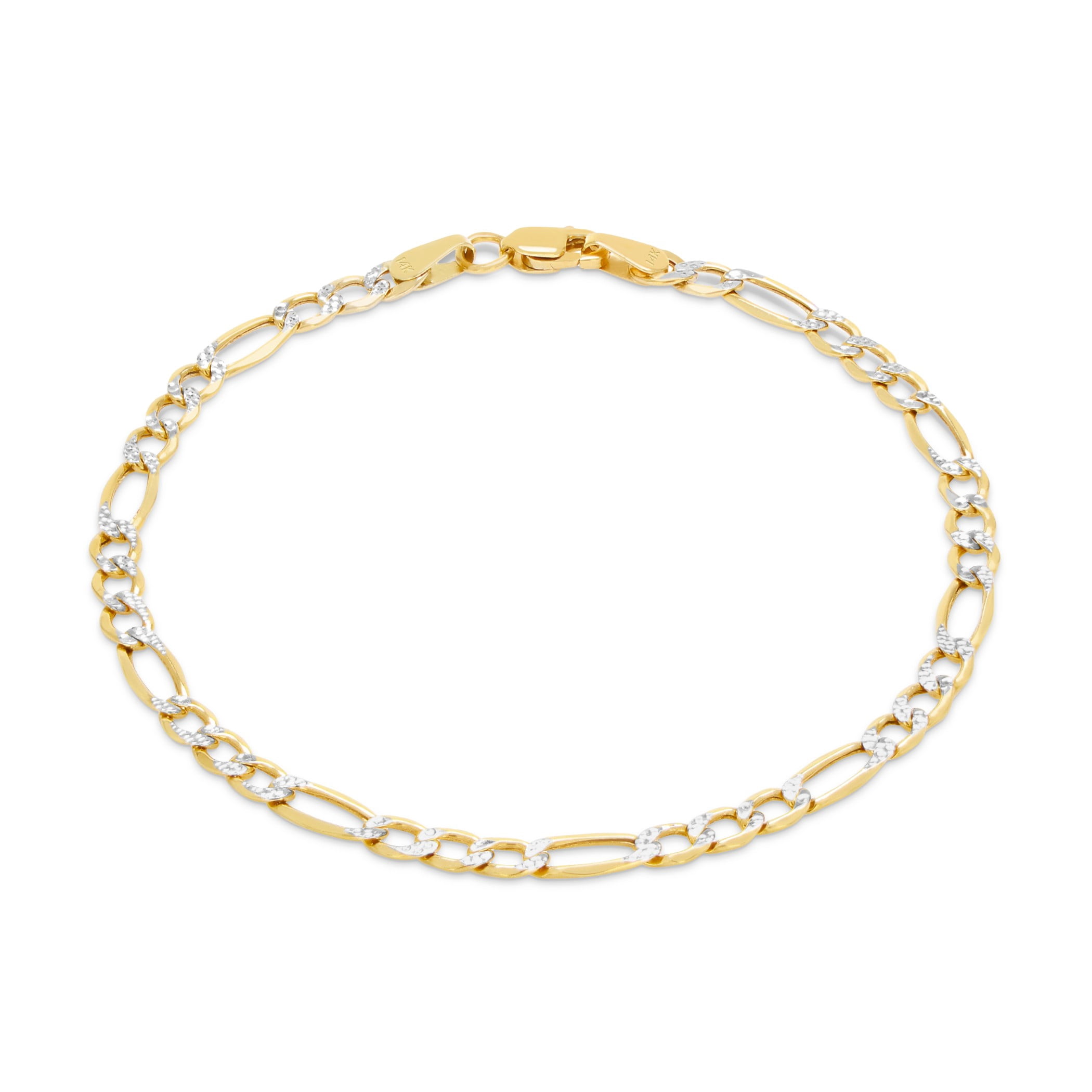 Nuragold 14k Real Yellow Gold Figaro Link 3.5mm Diamond Cut Two Tone Pave Chain Bracelet (7"-9") Italian Jewelry for Men & Women
