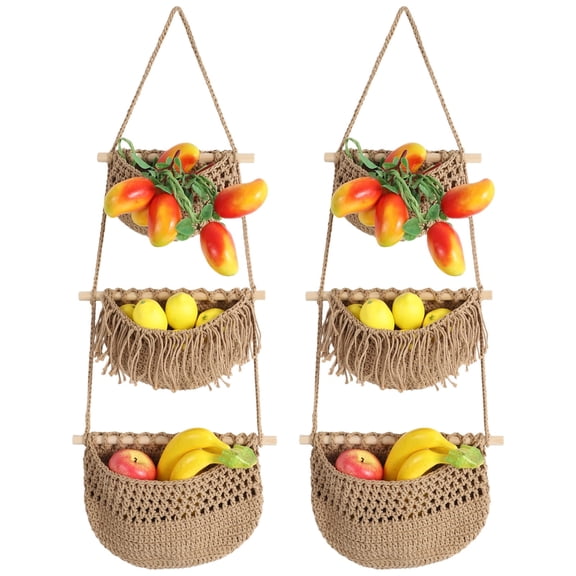 2 Pcs 3 Tier Hanging Fruit Basket, Natural Cotton Rope Wall Storage Baskets, 35.4 Inch Long Hanging Produce Organizer, Decorative Bohemian Style Kitchen Decor
