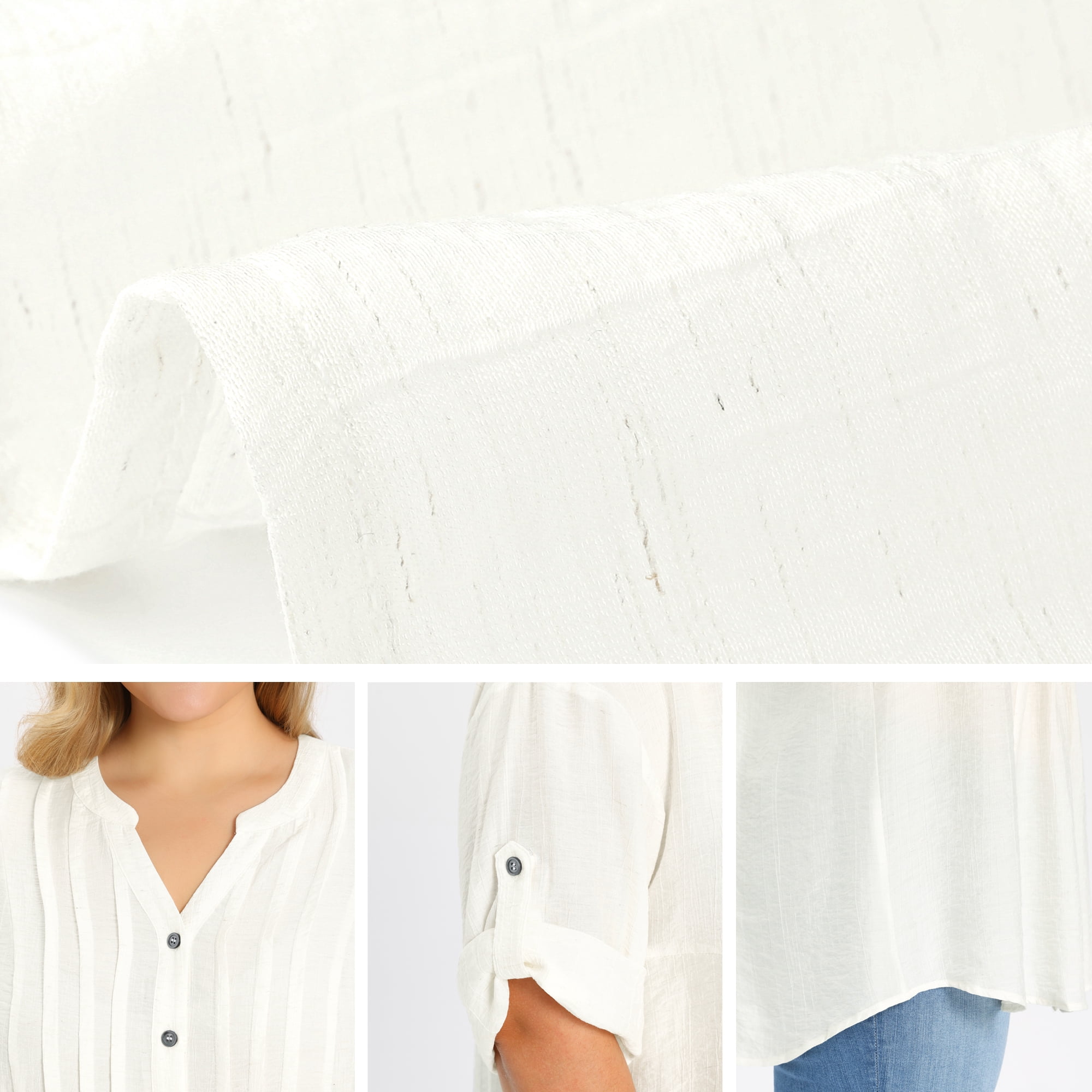 DARING DIVA Women's Plus Notch V Neck 3/4 Sleeve Pleated Textured Dressy Button Shirts 4X White