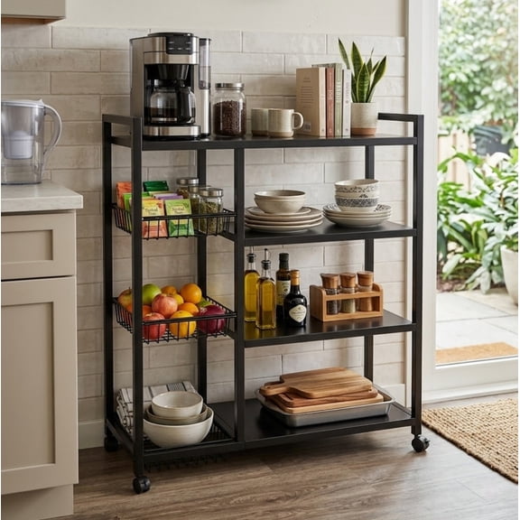 4-Tier Metal Heavy Duty Kitchen Rack, Mobile Utility Service Cart Kitchen Organizer Shelf with 3 Baskets, Organizer Shelves Storage Rack for Kitchen Garage