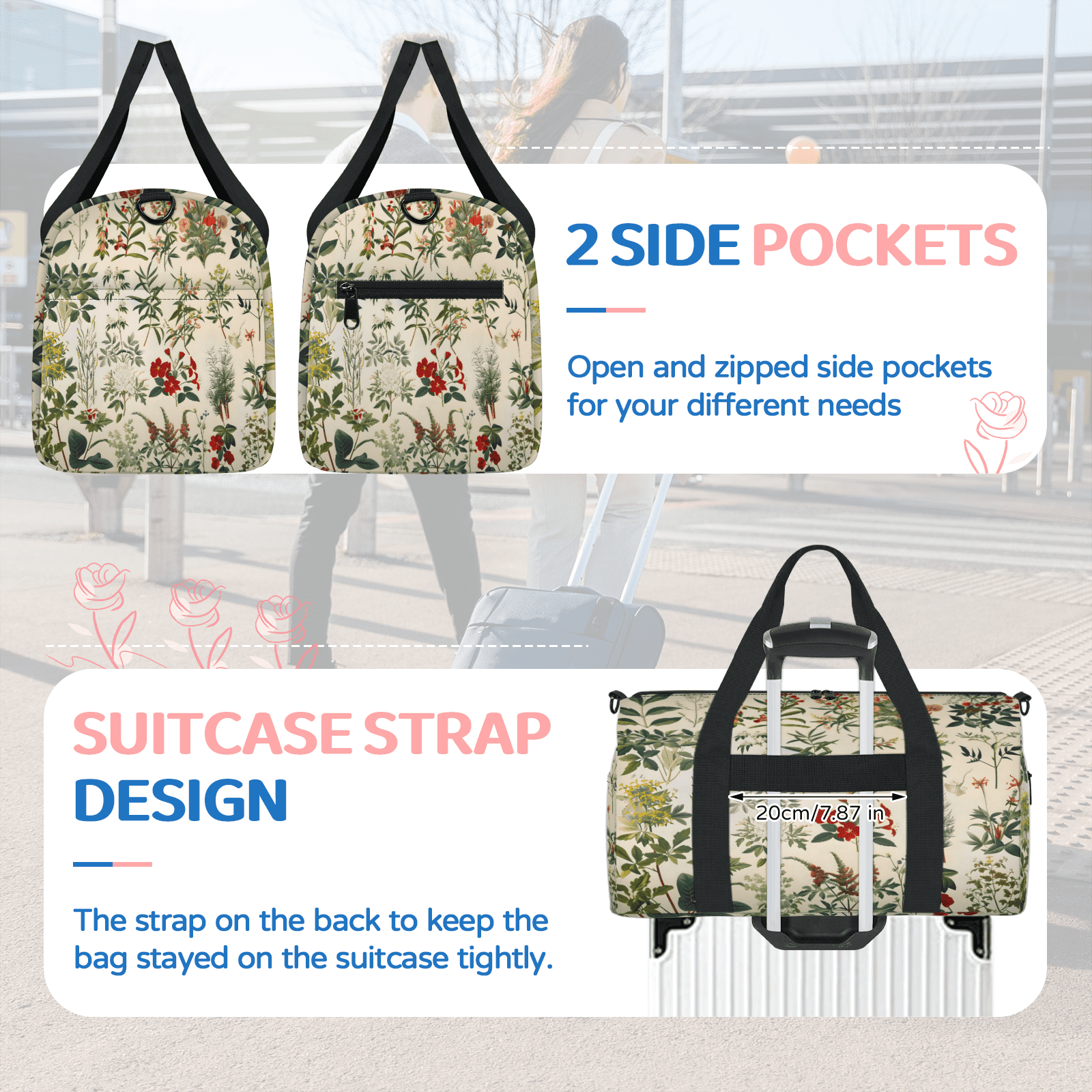 Herdesigns Spring Summer Floral Vintage Wildflower Gym Bag for Women, Duffle Bag for Travel Sport, Lightweight Waterproof Carry on Weekender Overnight Dance Yoga Workout Bags
