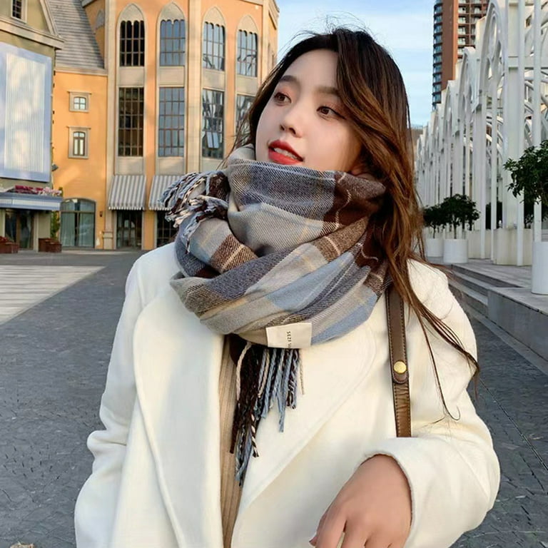 Women Winter Scarf Color Matching Tassel Wide Long Plaid
