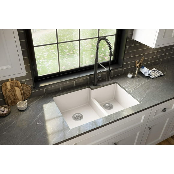 Karran QU-811 32" Undermount Large/Small Bowl Quartz Kitchen Sink in White