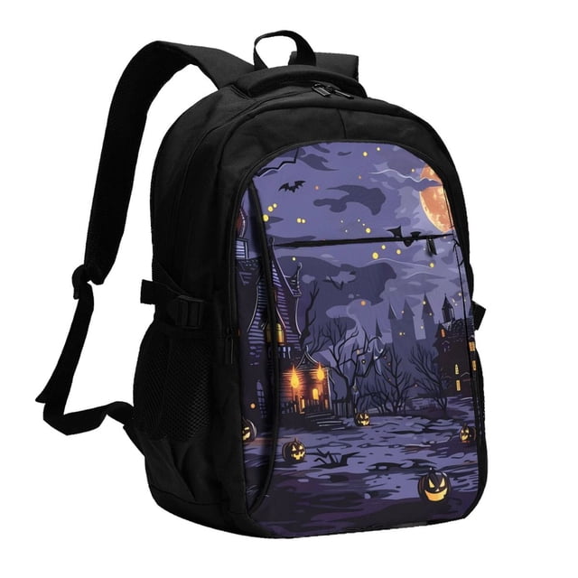 Easygdp Mystery House Halloween Night Mochila para Laptop de Viaje con Puerto USB, Mochila para Laptop con Puerto de Carga USB para Mujeres y Hombres