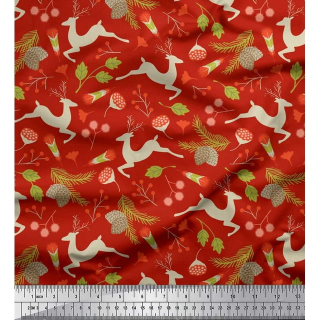 Soimoi Modal Satin Fabric Leaves & Reindeer Animal Print Fabric by Yard 42 Inch Wide