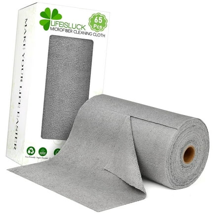 Highcool 65 Pack of Microfiber Cloths in Roll, 10" 10" Washable Cleaning Rags, Tear-Away Towels for Auto, House, Garage, Dust, Kitchen, Bathroom,