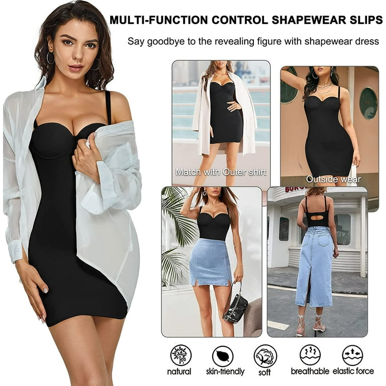 Molutan Women Full Slip Shapewear Bodysuit for Under Dresses Lingerie Tummy  Control Body Shaper Slimming Girdle Built In Bra(Black, M） 
