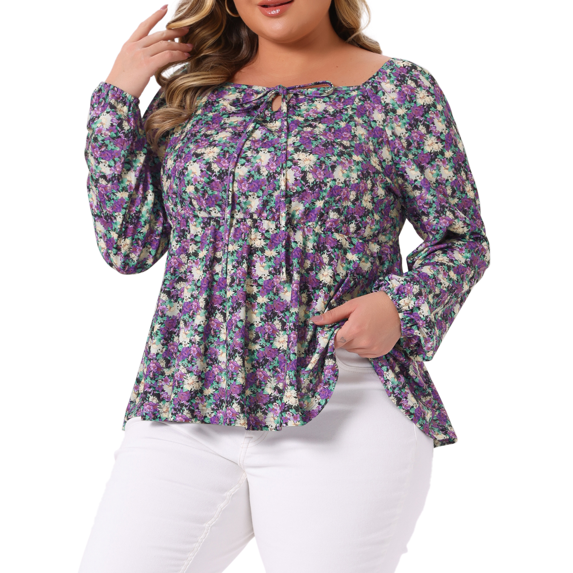 DARING DIVA Women's Plus Sweetheart Neck Long Sleeve Floral Blouse 1X Purple