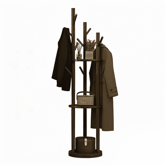 LUOLUO Coat Rotating Rack with 3 Shelves and 9 Hooks,Wood Coat Hanger, Coat Rack Freestanding for Hats, Coats, Scarves, Bags in Bedroom/Office/Entryway, Walnut