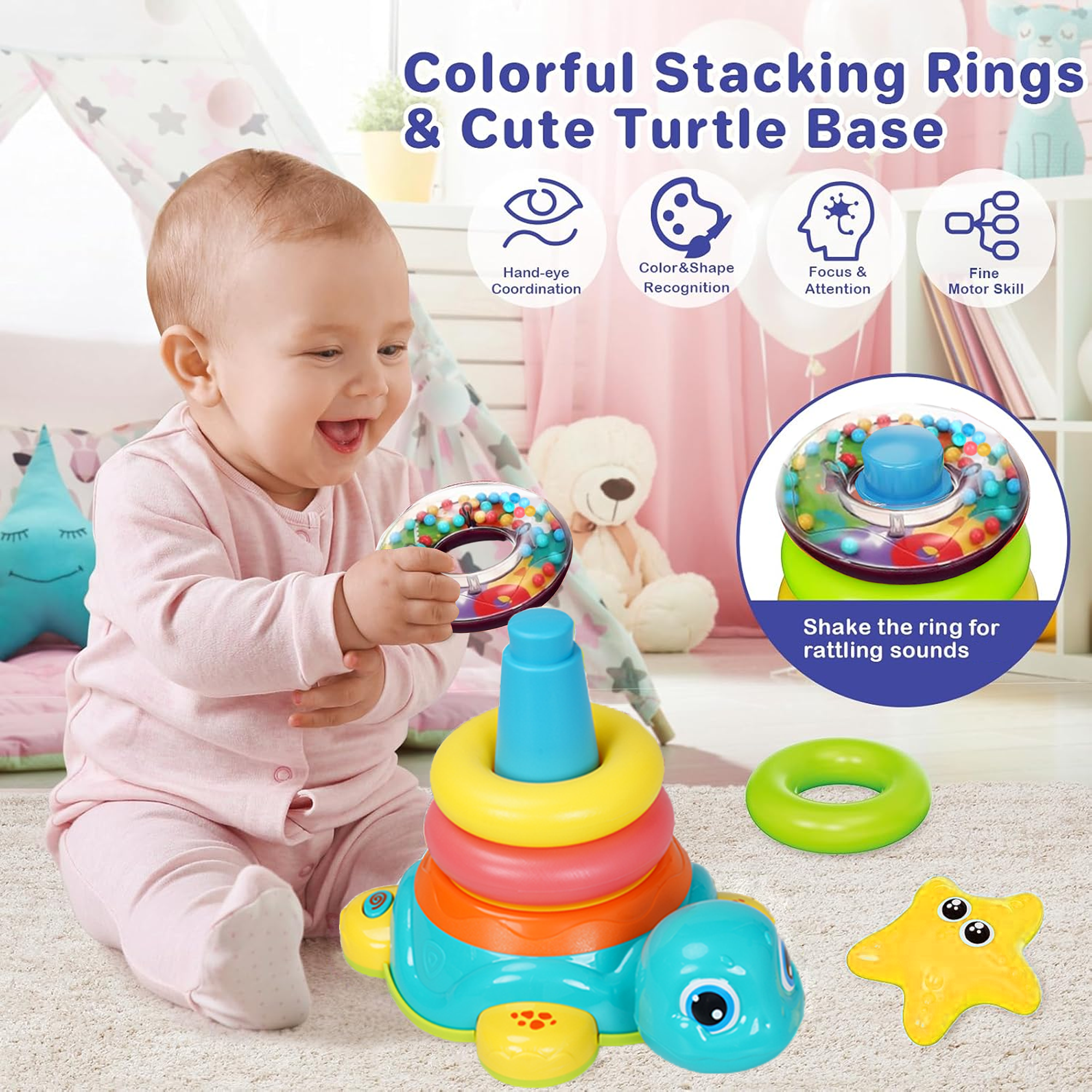 Richgv Baby Crawling Toys for 6-12 Months, Turtle Baby Toys Light up Musical Toys with Stacking Rings, Infant Tummy Time Toys for Boys Girls 1-3 Year
