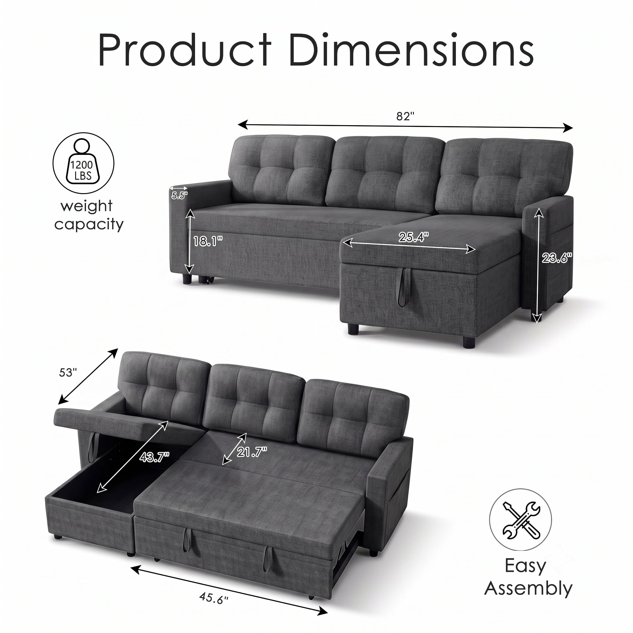 Convertible Sectional Sleeper Sofa Bed, 82" L Shaped Sofa with Pull Out Couch, Reversible Chaise, Storage & Charging Ports, Linen Fabric 3 Seater Couch for Small Spaces Living Room, Dark Gray