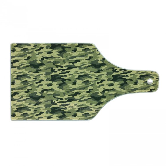 Camouflage Cutting Board, Clothing Motif Pale Toned Color Splashes Abstract Patterned Illustration, Decorative Tempered Glass Cutting and Serving Board, Wine Bottle Shape, Green Yellow, by Ambesonne