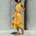 thumbnail image 5 of NTACZA Casual Dresses for Women Sleeveless Maxi Flowy Cotton Lien A-Line Round Neck Ruched Waist Vacation Front Tie Beach Yellow L, 5 of 7