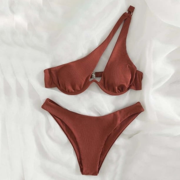 Traje de baño para mujer, bikini de dos piezas con hombros descubiertos y soporte de acero, color liso, trajes de baño para mujer, conjuntos de bikini para mujer, trajes de baño de bikini para mujer