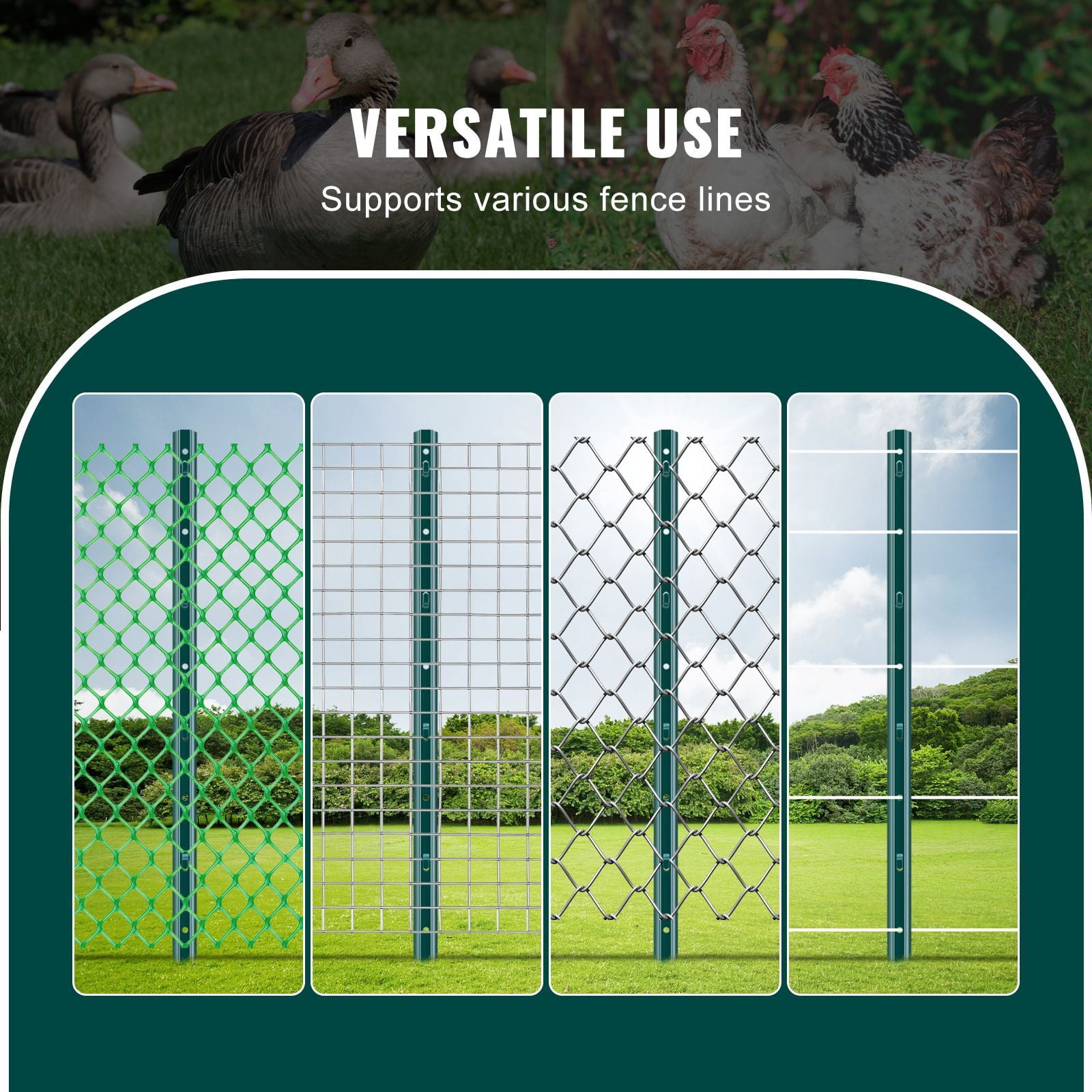 3FT U-Shaped Metal Fence Posts, 2mm Thick Q235 Carbon Steel Powder Coated Fence Stakes with Anchor Plates, Pack of 10 for Garden Yard Farm Vegetable Plot Outdoor Fencing Support