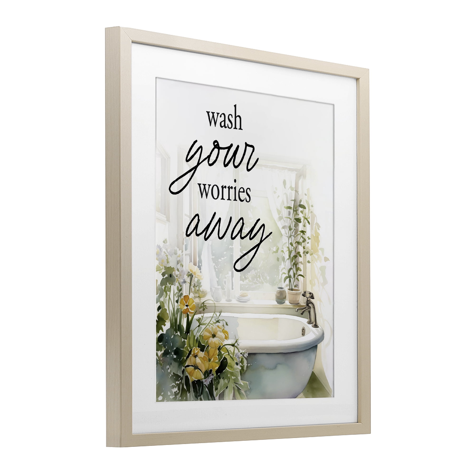 Wash Worries Away Sunlit Bath Birch Framed Print Under Glass, design by Lettered and Lined