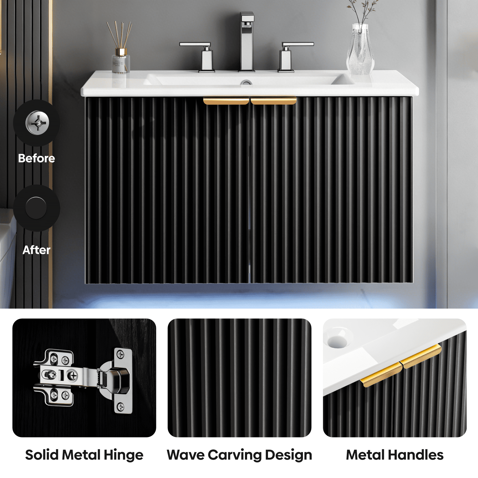 EVOKEDEN 30" Wall Mounted Floating Vanity Cabinet w/ LED Light, Metal Handle & Double Soft-Close Doors, Black