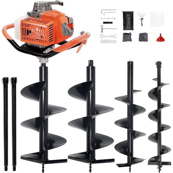 PRIJESSE Post Hole Auger Gas Powered 85CC Earth Digger , 3 KW Post Digger Set with 3 Bits ( 4" & 8" & 12" ) & 2 Extension Rods ( 24" & 24" ) for Mailbox , Fence Post , Tree Planting