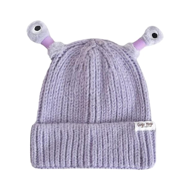Gorro de punto con diseño de monstruo brillante y divertido para niños, gorro de punto duradero para correr. Púrpura