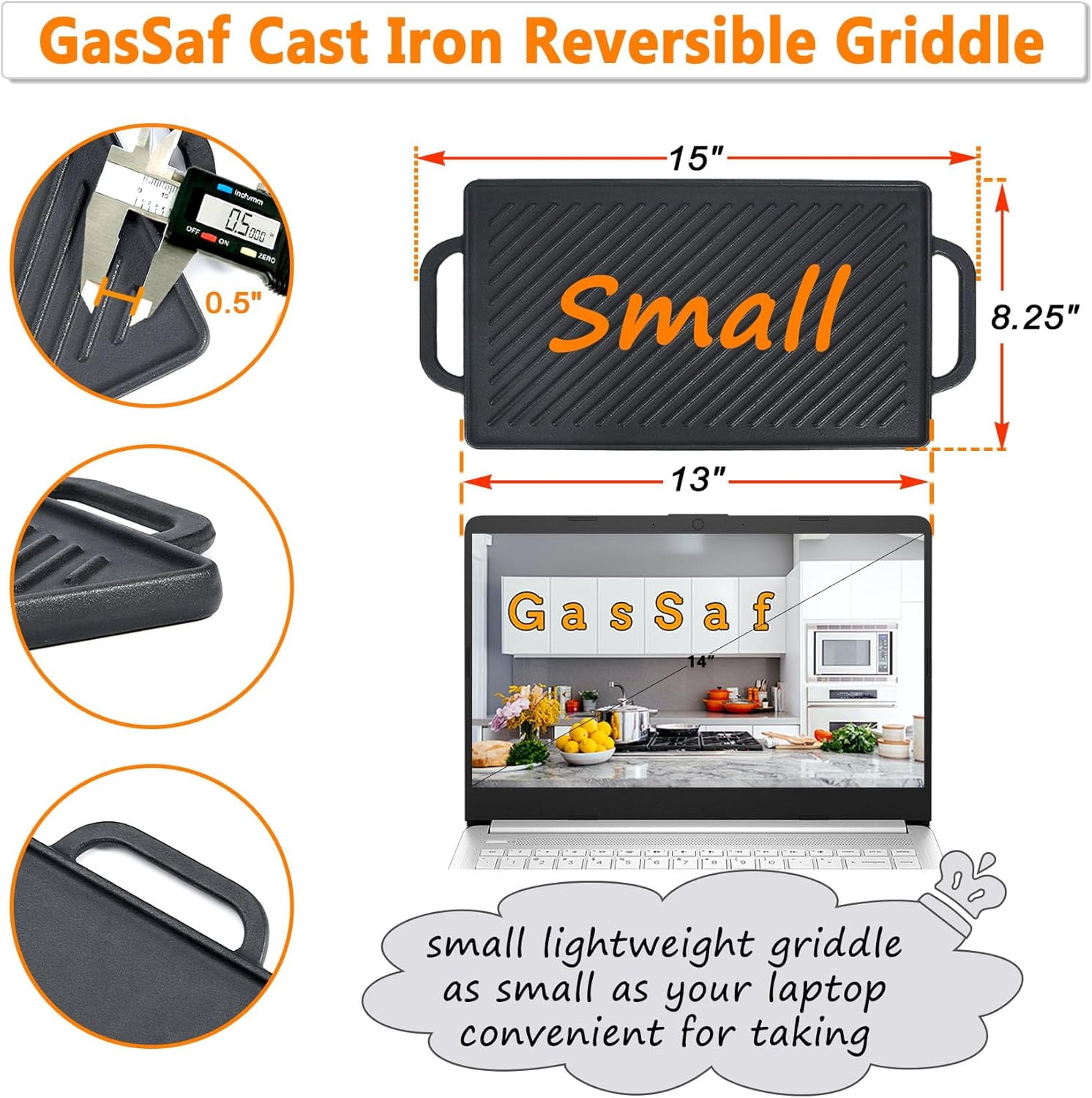 Small Cast Iron Griddle 13x8.25 for Double Burner Stove Top, Reversible Cooking Pan for Gas Grill, Camping & Outdoor Use