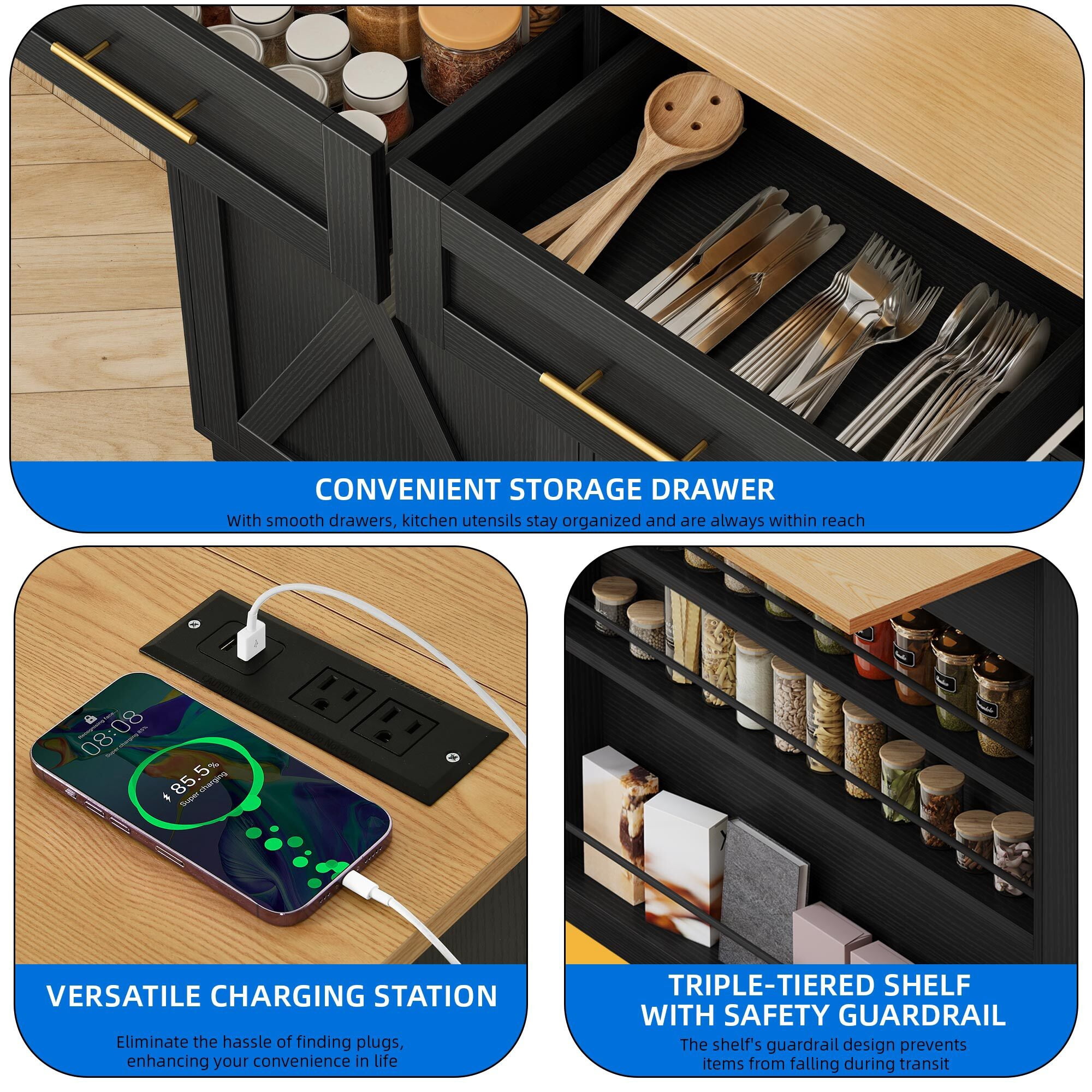 Uforic Kitchen Island Table with Drop Leaf & Power Outlets & Trash Storage, Black