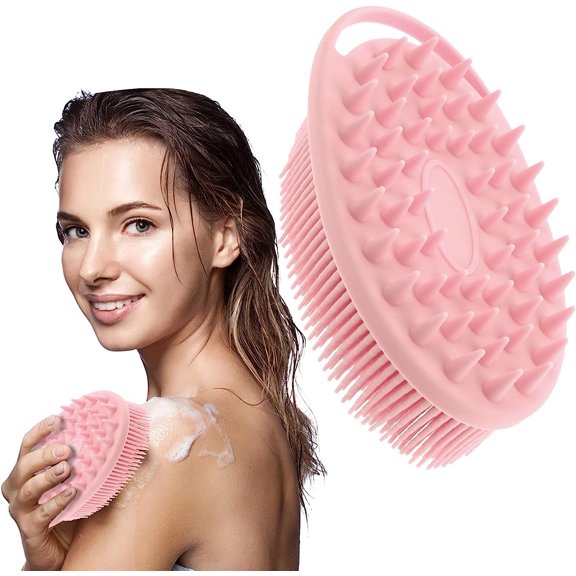 Silicone Body Scrubber, 2 in 1 Bath and Shampoo Brush Exfoliating Body Scrubber Premium Soft Silicone Loofah Bath Exfoliate Accessory for Men Women Cleaning Exfoliating (Pink)
