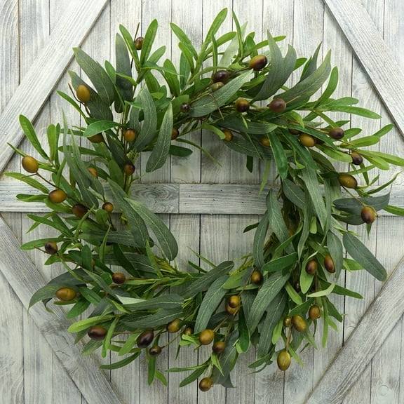 18“ Artificial Green Olive Wreath for Front Door Greenery Wreath with Olive Leaves, Bean for Spring Summer Fall All Season Indoor Outdoor Farmhouse Home Wall Window Festival Wedding Decor