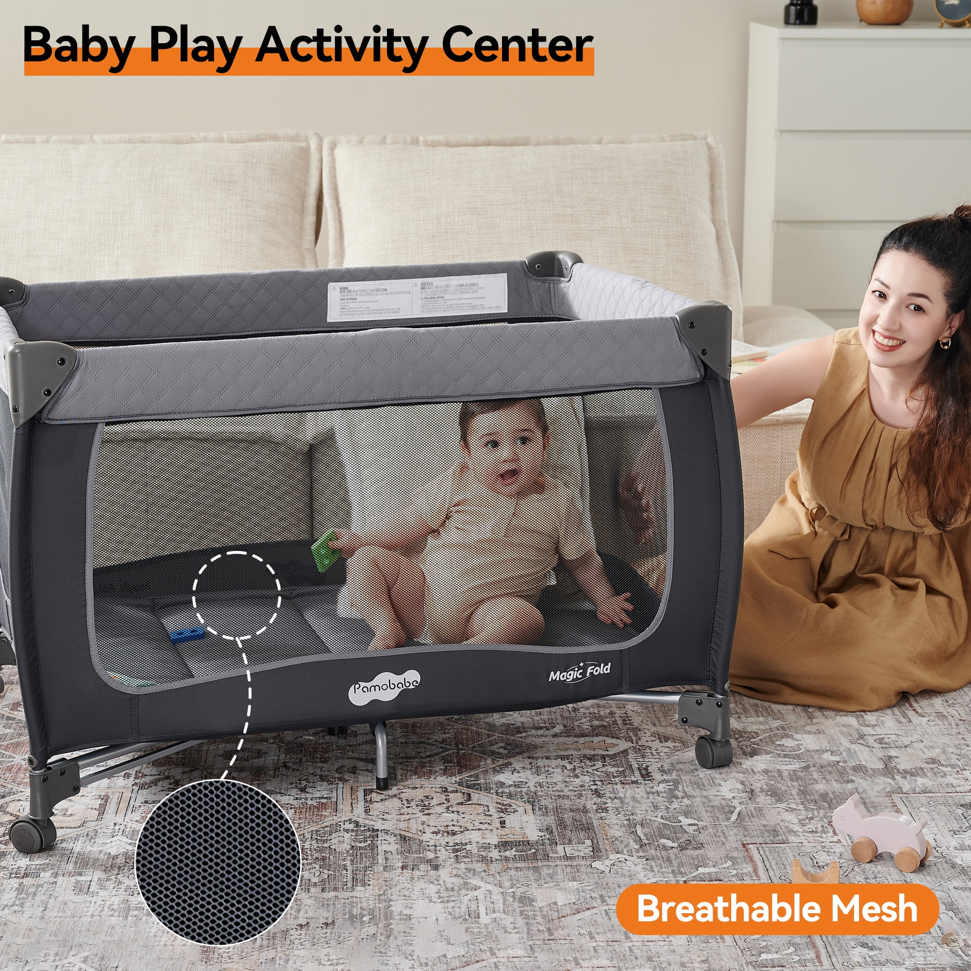 Pamo Babe Baby Playard, Magic Fold 1 Step Portable Playpen Changing Table for Newborn, Four-Panels