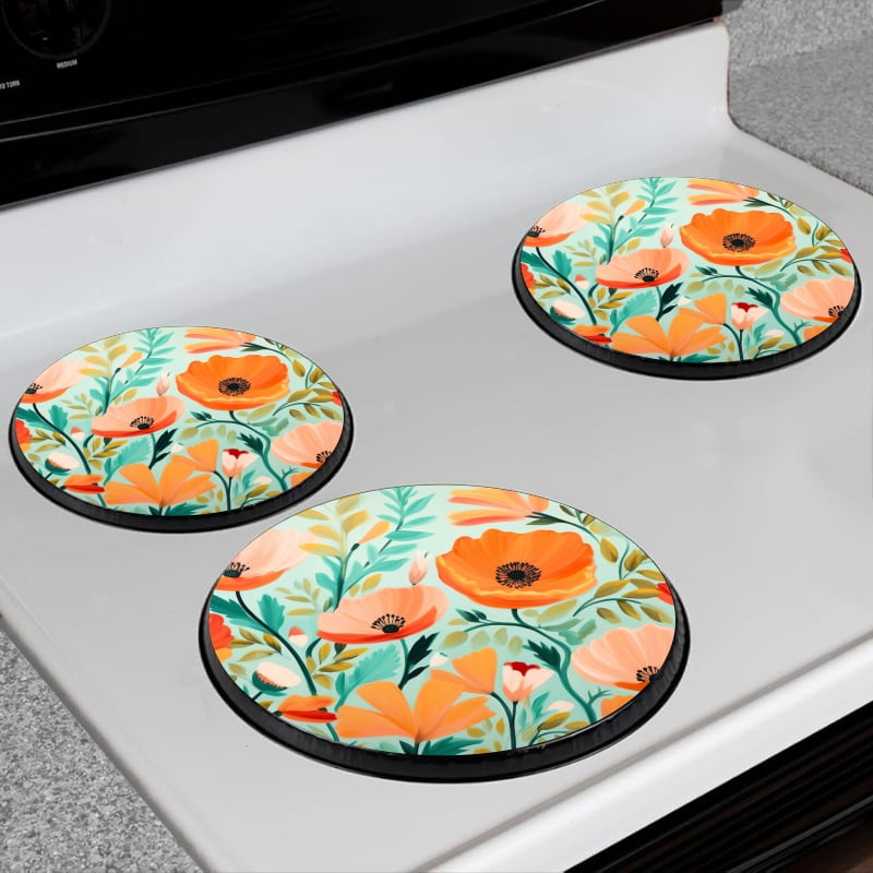 BaHomeck Electric Stove Burner Covers Set of 4,Round Metal Gas Stove Burner Covers 8 Inch and 10 Inch,Kitchen Decor,Orange Poppies And Green Leaves On Light Background