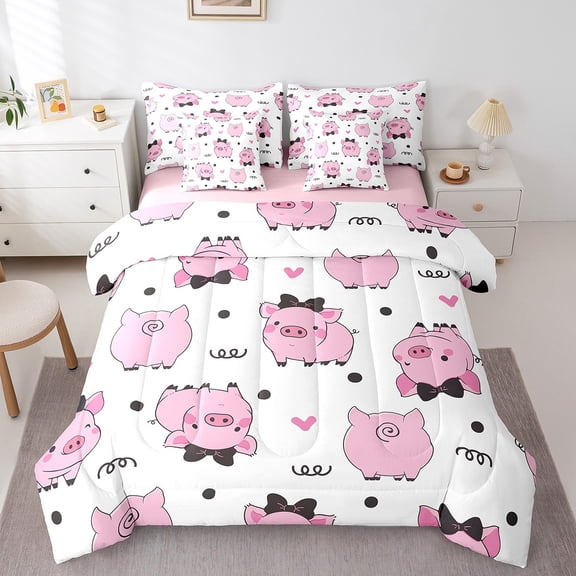 Erosebridal Cartoon Pig Bedding Twin Size, Cute Animal Bed Set, Love Heart Reversible Bedding Sets Twin Size, Lightweight Bedroom Decorative, 7-Piece