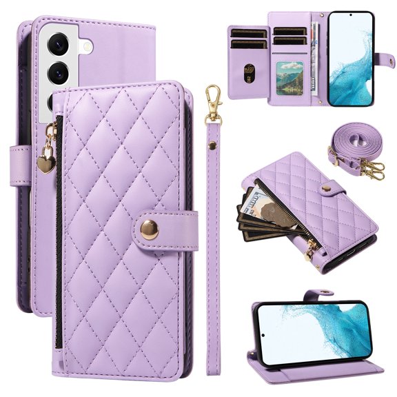 For Samsung Galaxy S22 Wallet Case: with RFID Blocking Card Slots [5 Cards 1 Cash Slot 1 Zipper Pocket | Soft PU Leather Magnetic Snap | Crossbody & Wrist Strap Protective Phone Cover,Purple