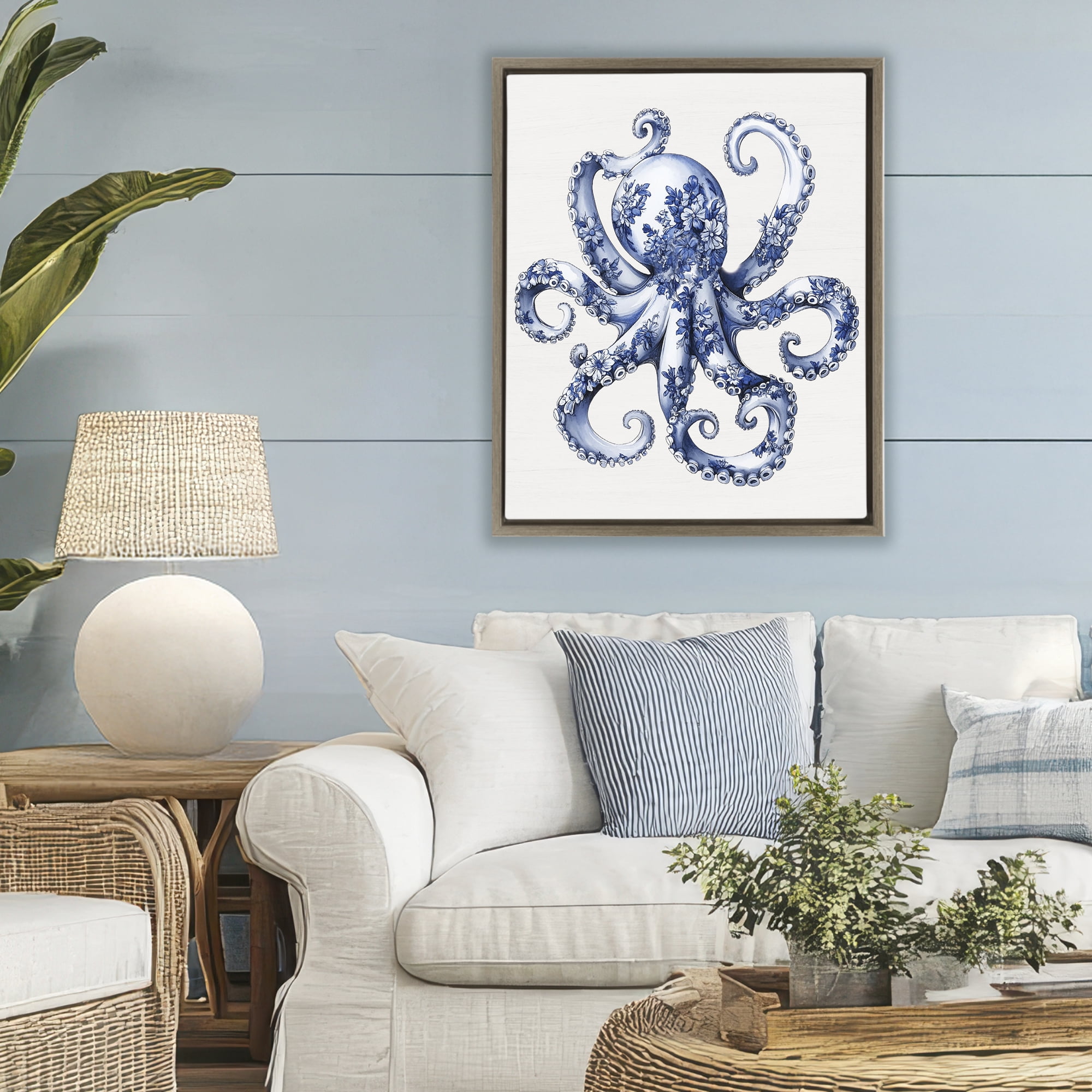 Funky Toile Octopus Brown Framed Floater Canvas Wall Art, design by Lettered and Lined