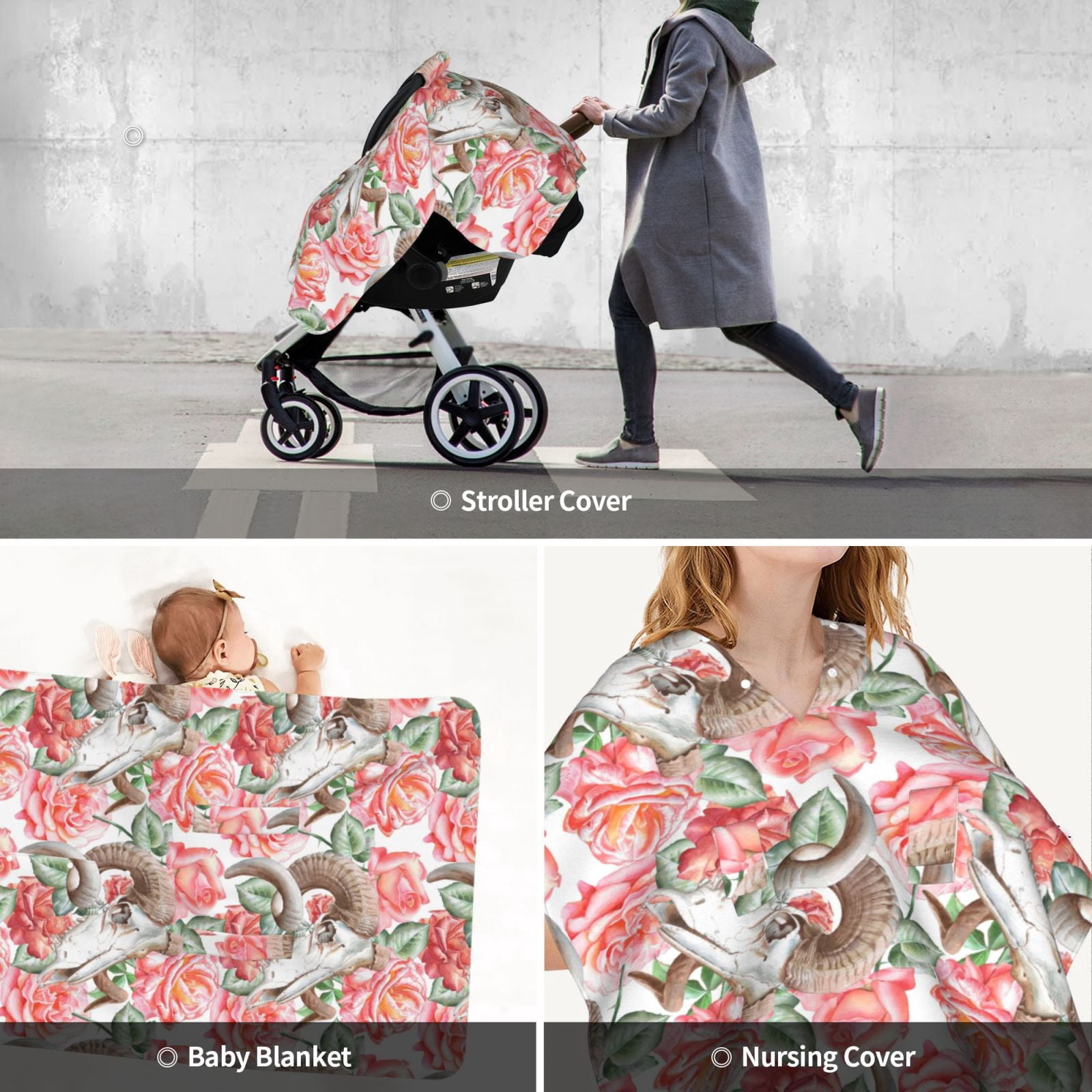 Car Seat Cover Baby - aesthetic roses goat skull Breathable Infant Car Seat Cover for Baby Carseat, Lightweight Comfort Baby Essentials Must Haves Newborn Stuff for Girl Boy