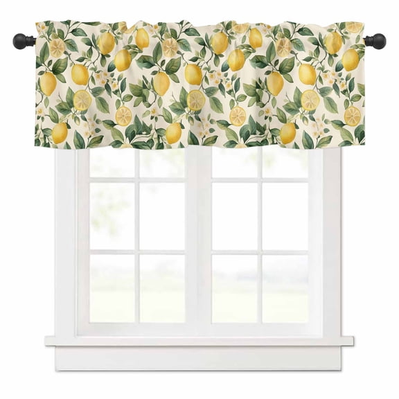 Vintage Lemon Valances for Windows Fruit Leaf Floral Beige Background Country Rod Pocket Curtain Valance Window Treatment Short Curtains for Kitchen Living Room, 54"x18"