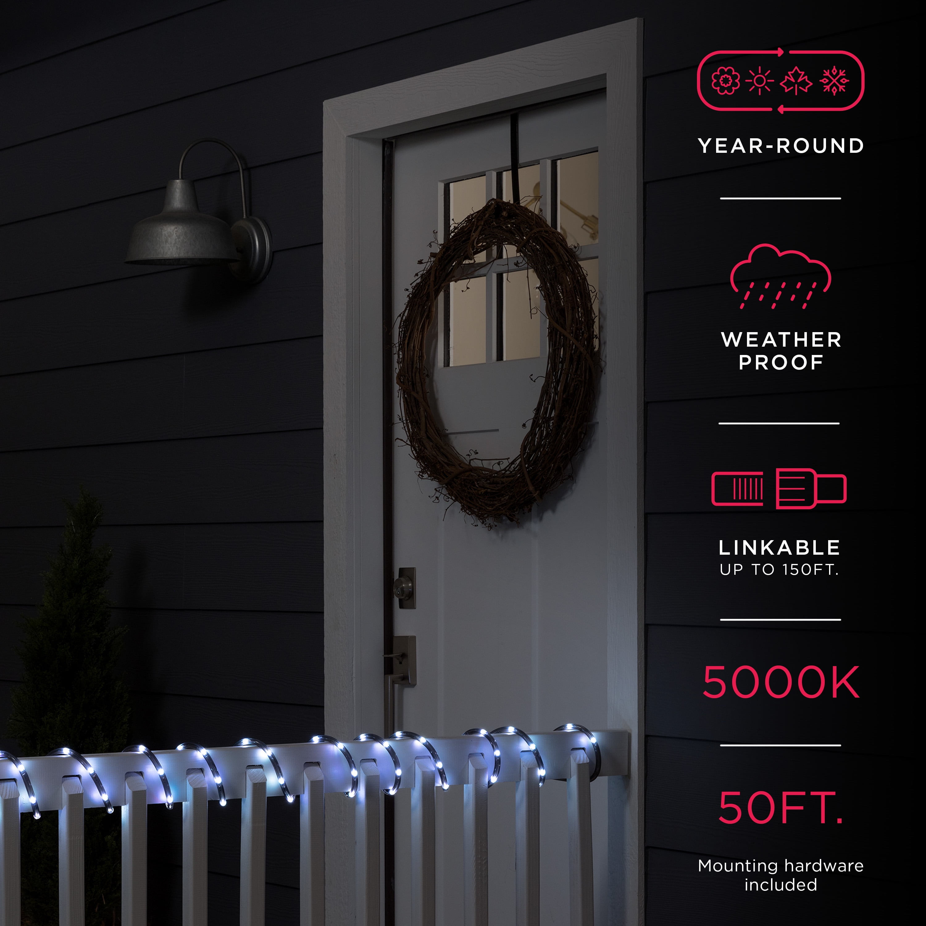 UltraPro LED Plug-in Rope Light, 50ft Premium Smoke, Cool White Light 5000K, Outdoor Lighting