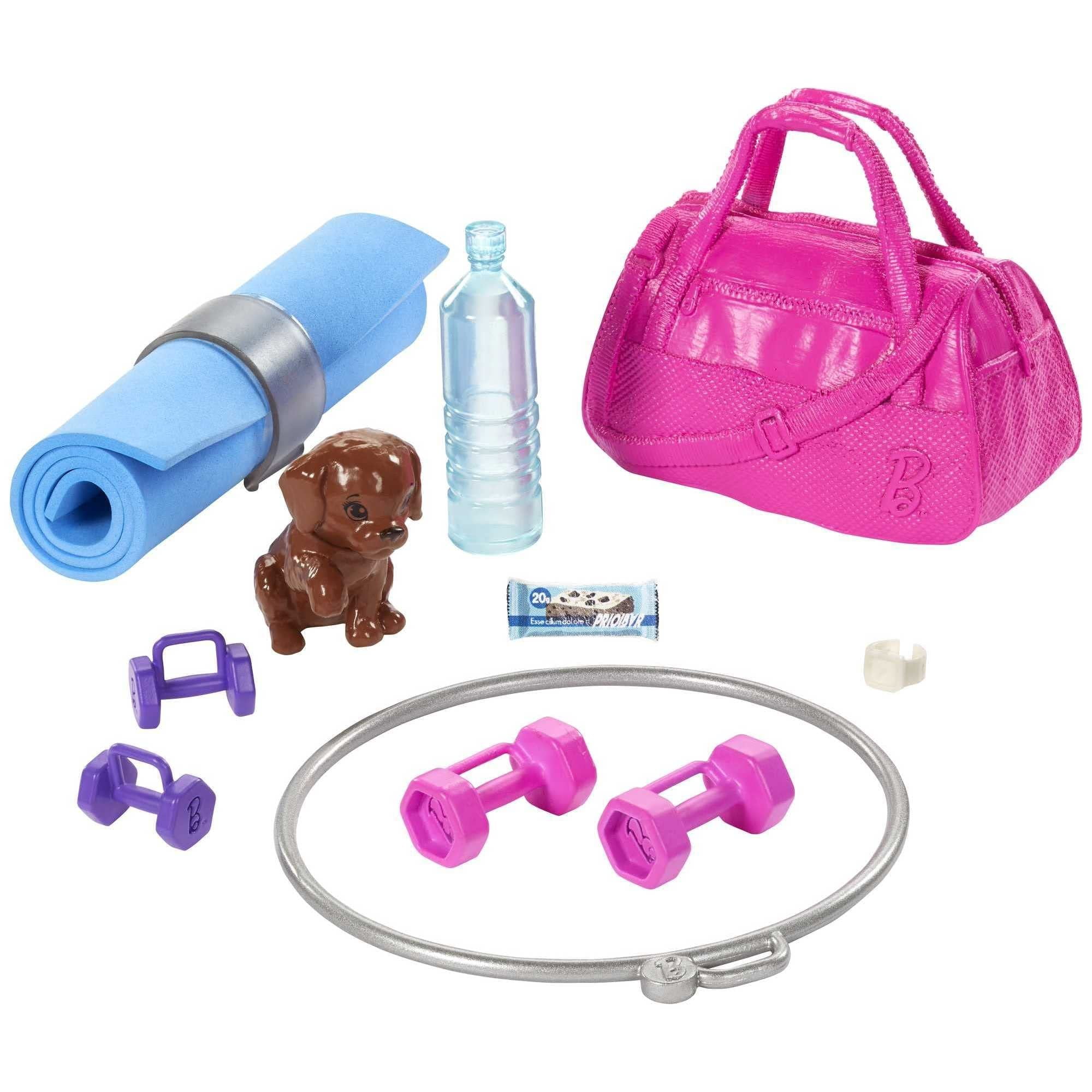 Barbie Fitness Set with Red Haired Doll Puppy and 9 Accessories Including Yoga Mat and Bag Walmart