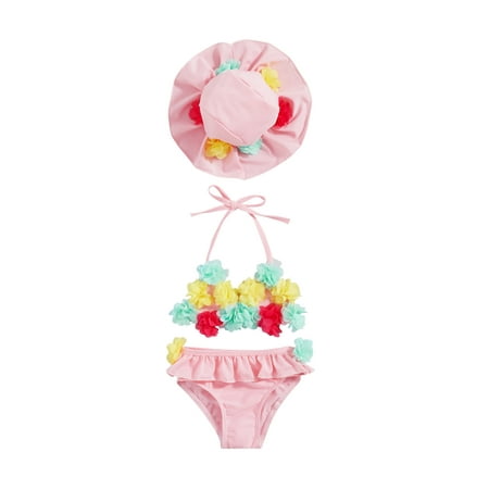 

Infant Baby Girls 3Pcs Summer Swimsuits Halter Triangle Tops Ruffle Shorts Sun Hat Bikini Set Flower Bathing Suit (0-24Months)