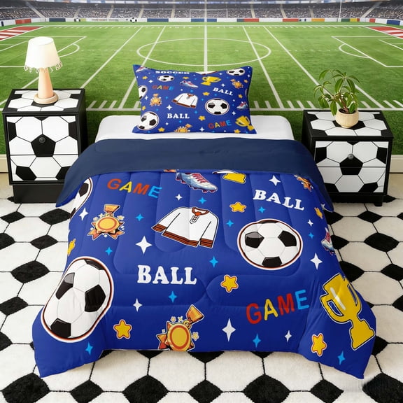 Erosebridal Blue Soccer Pattern Twin Comforter Sets, Cute Sport Bedding Set for Boys and Girls, Navy Reversible 2-Piece, 1 Comforter and 1 Pillowcase