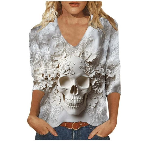 aohooy Funny Halloween T Shirts for Women Three Quarter Sleeve Plus Size Graphic T-Shirts Holiday Festivel Party V Neck Tunic Tops Multicolor,XXXXL