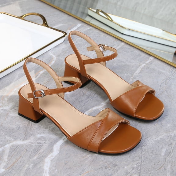 CQONEPT Women Plus Size Sandals Soft Leather Shoes Thick Heel Buckle High Heel Shoes Square Toe Summer Casual Shoes Yellow 9