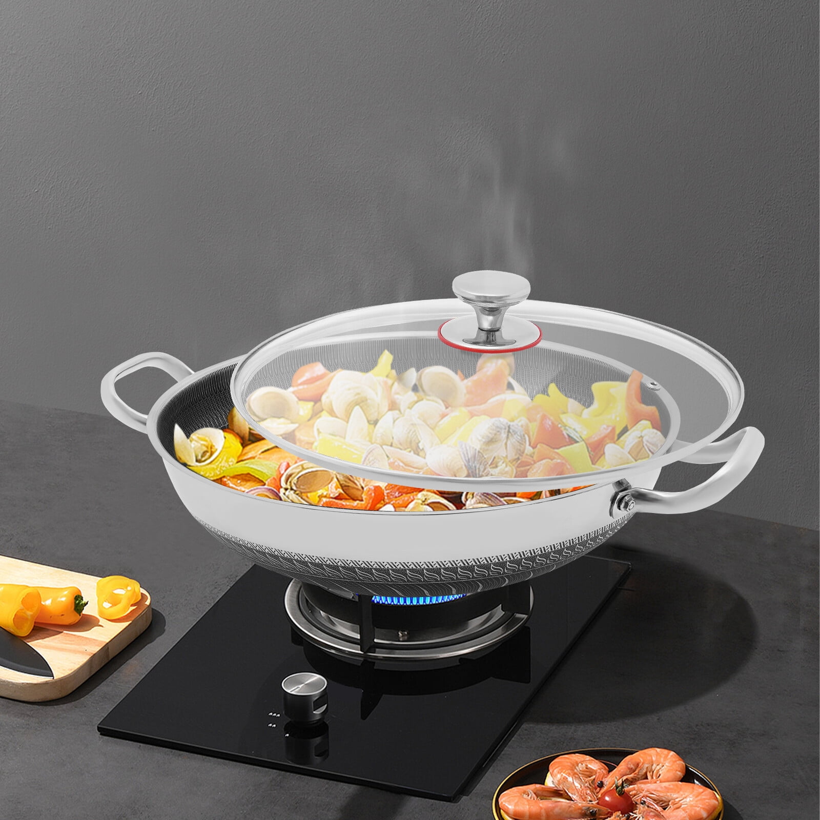 DUYIWAA 36cm Frying Pot Stainless Steel Non Stick Paella Pan Skillet Frying Pan with Tempered Glass Lid