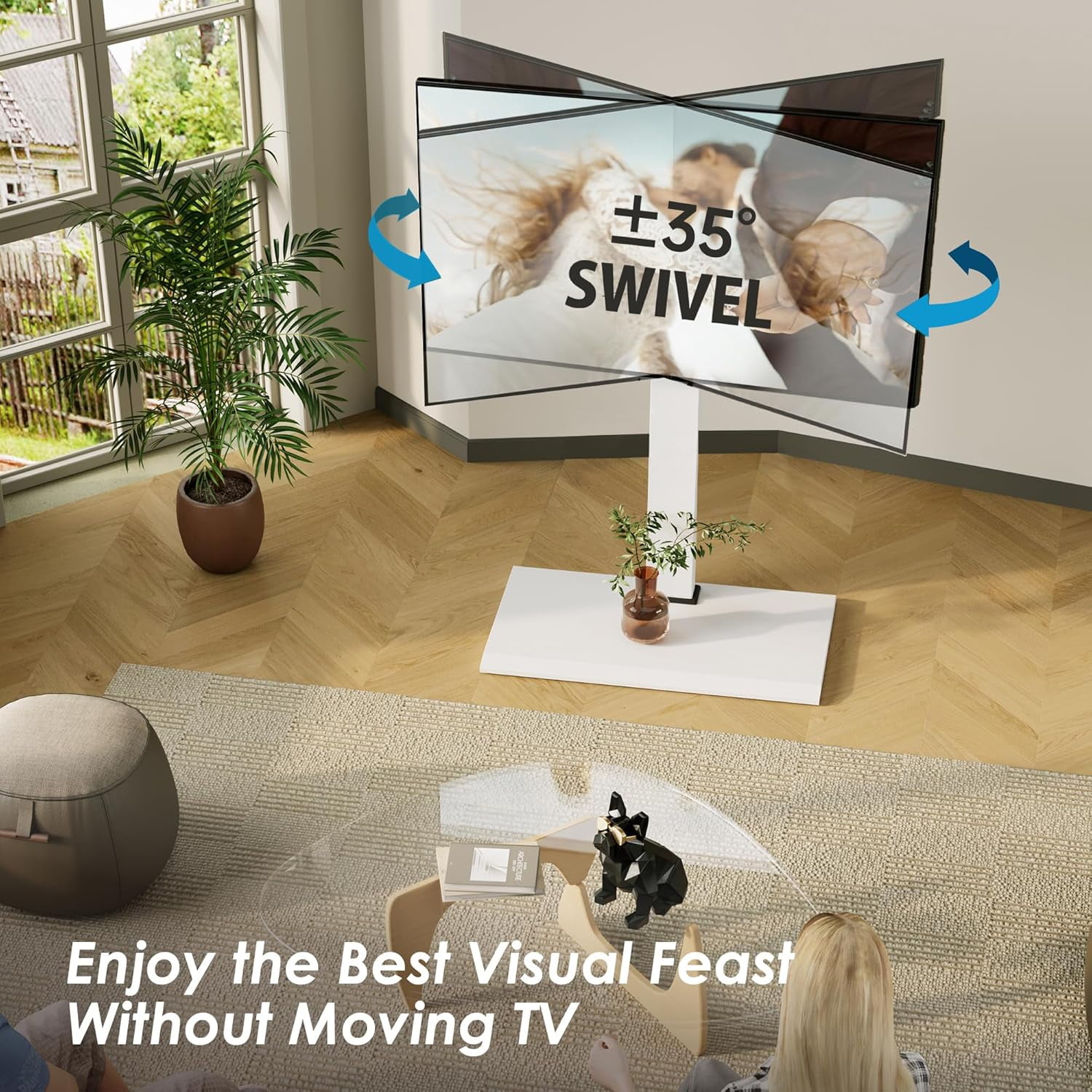 FITUEYES Floor TV Stand for 50–85 Inch TVs, White, Swivel Mount, Iron Base