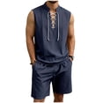 thumbnail image 3 of BVOFAR Mens 2 Piece Outfits Summer Casual Short Sets Comfy Lace Up Hippie Tank Tops and Drawstring Shorts Renaissance Medieval Tunic Beach Vacation 2 Piece Sets Navy M, 3 of 9