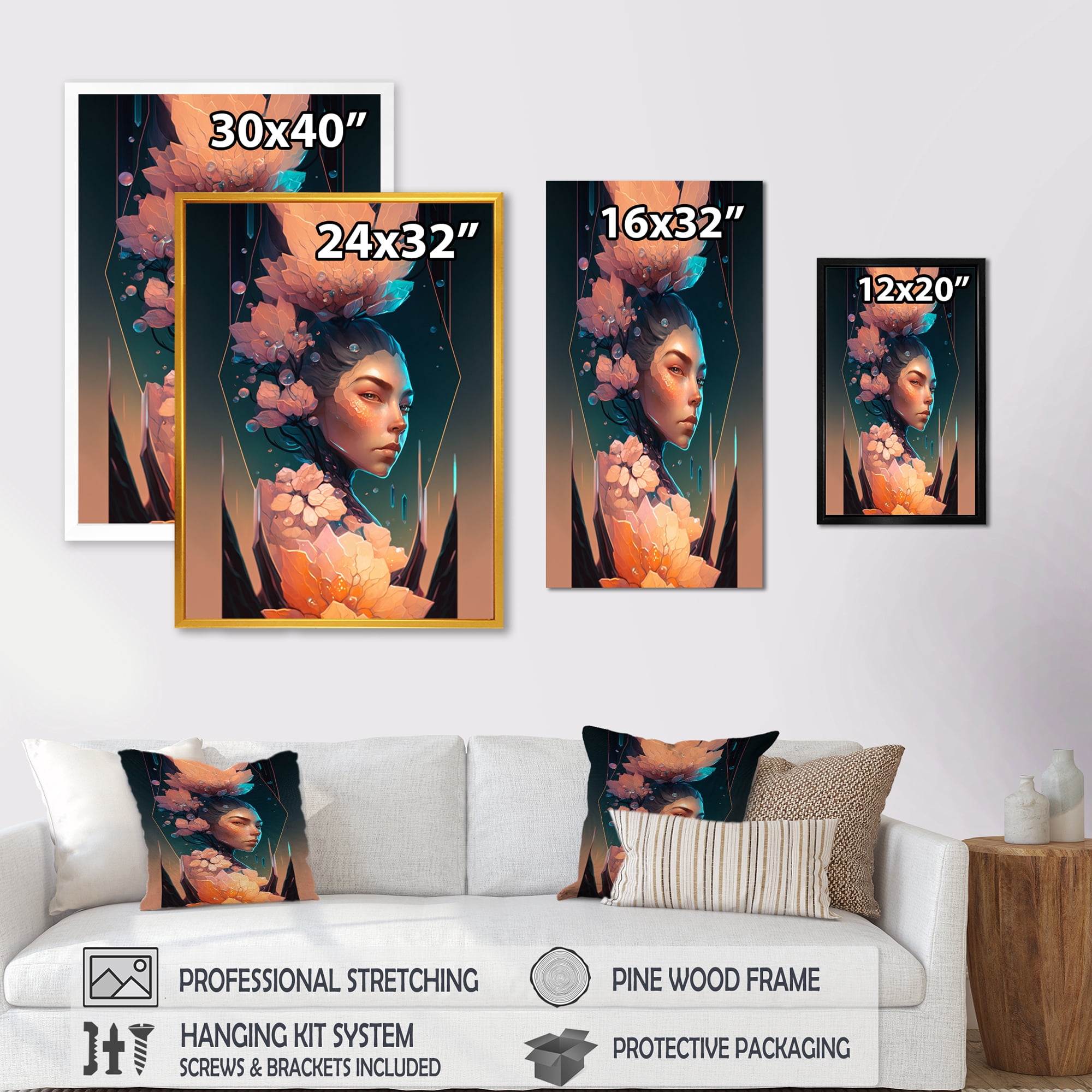 Designart Woman Portrait With Flowers I Canvas Wall Art
