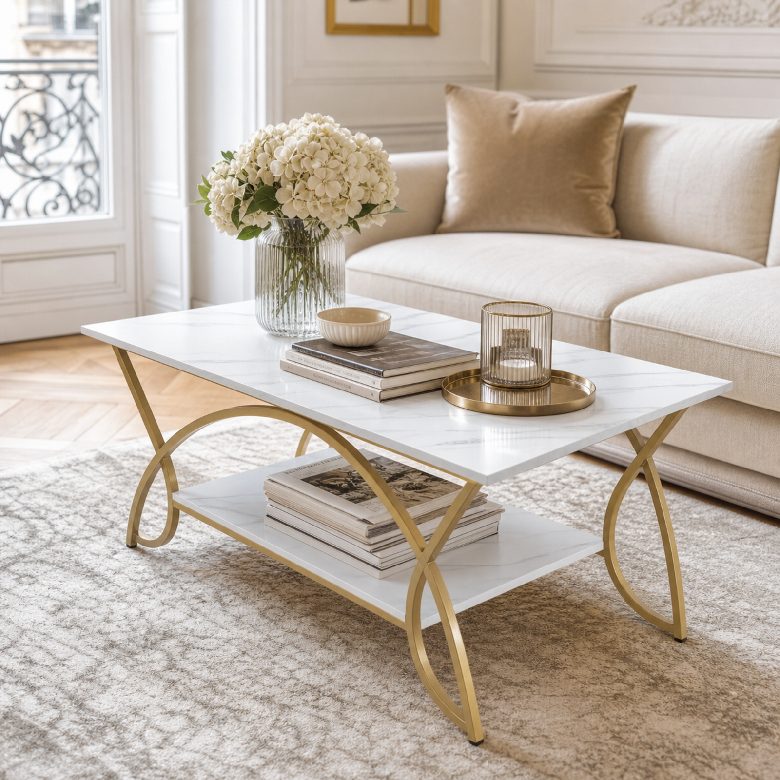 Furnibear 2-Tier Coffee Table Gold Rectangle for Living Room for Living Room Home Office Apartment Sofa Couch Center, White