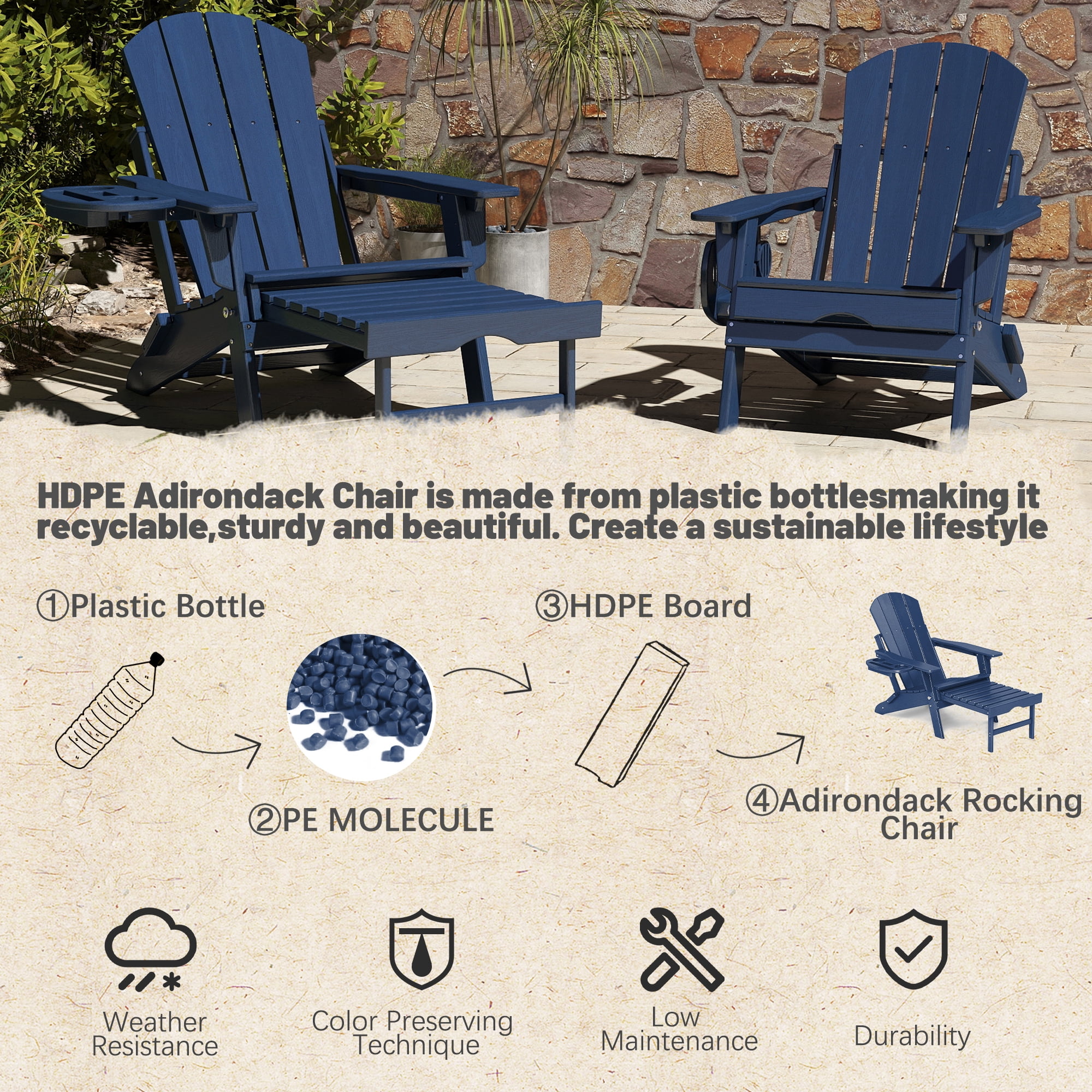 2PCS Folding Adirondack Chair with Retractable Ottoman, HDPE All-Weather Resistant Adjustable Backrest Adirondack Chair w/4 in 1 Cup Holder Trays, Navy Blue