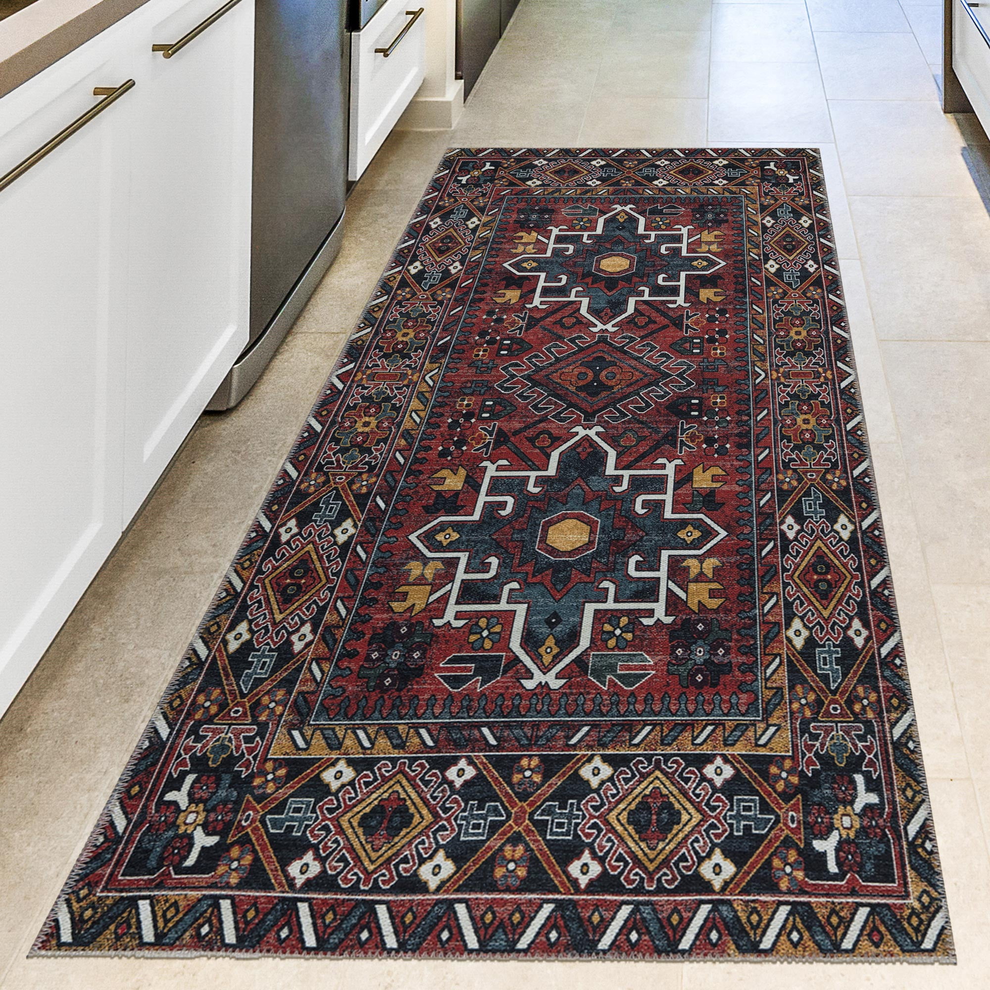 Ottomanson Machine Washable Cotton 3x6 Flatweave Runner Rug for Bedroom, 2'7" x 6', Red Medallion 6100