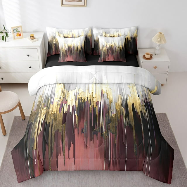 YST, Gradient Stripe, Comforter Set, Modern, 7-Piece, Abstract Artwork, Burgundy Red, Queen