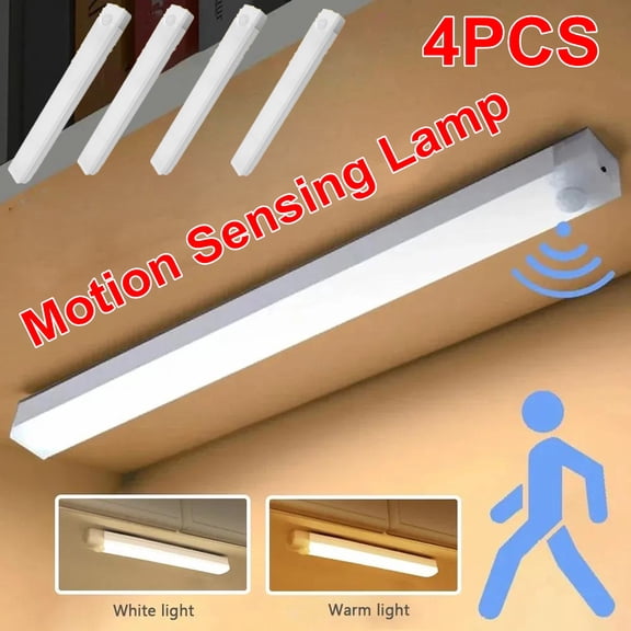 4 Pack Warm White Light Rechargeable LED Under Cabinet Lights Motion Sensor Dimmable Wireless Closet Lights Magnetic Stick On Light Bars with 3 Color Modes for Kitchen Stairs Wardrobe Hallway